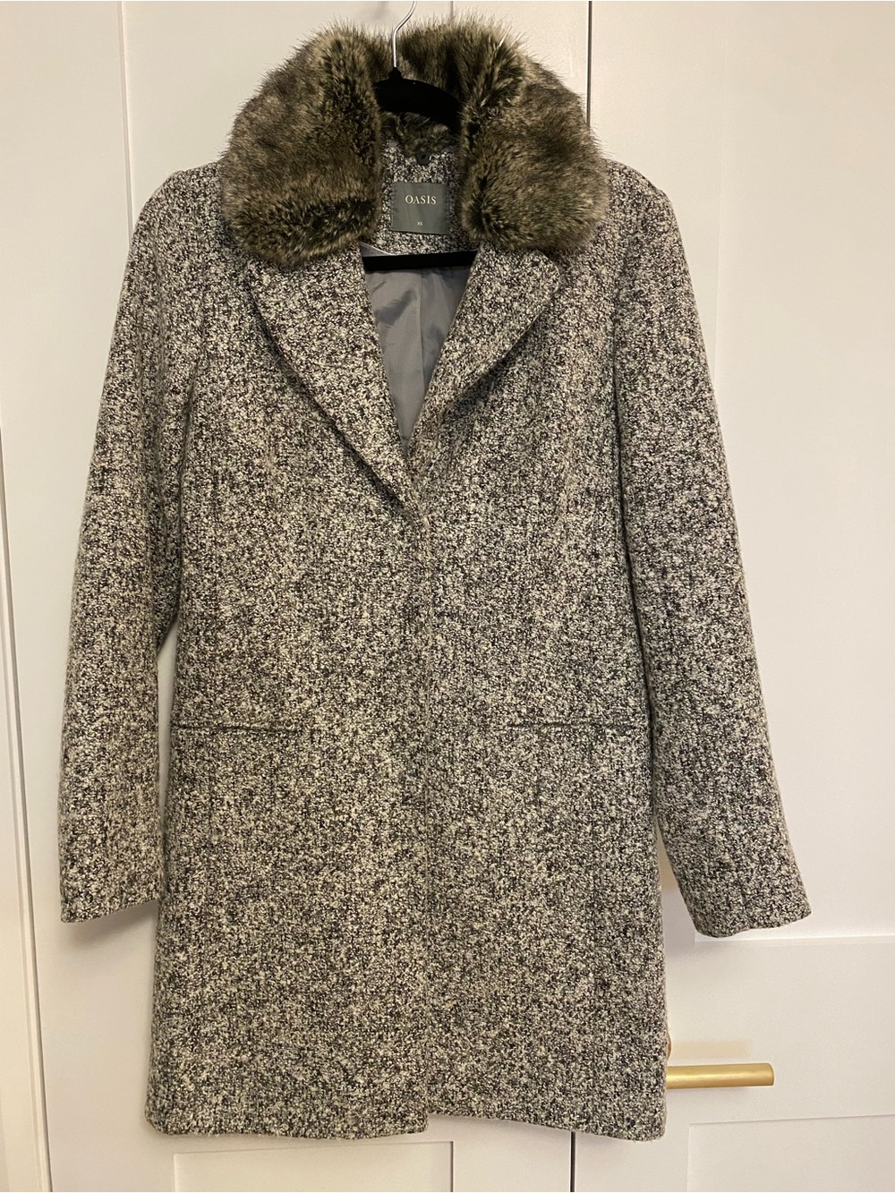 Oasis Grey Bouclé Wool Blend Overcoat with Faux Fur Collar